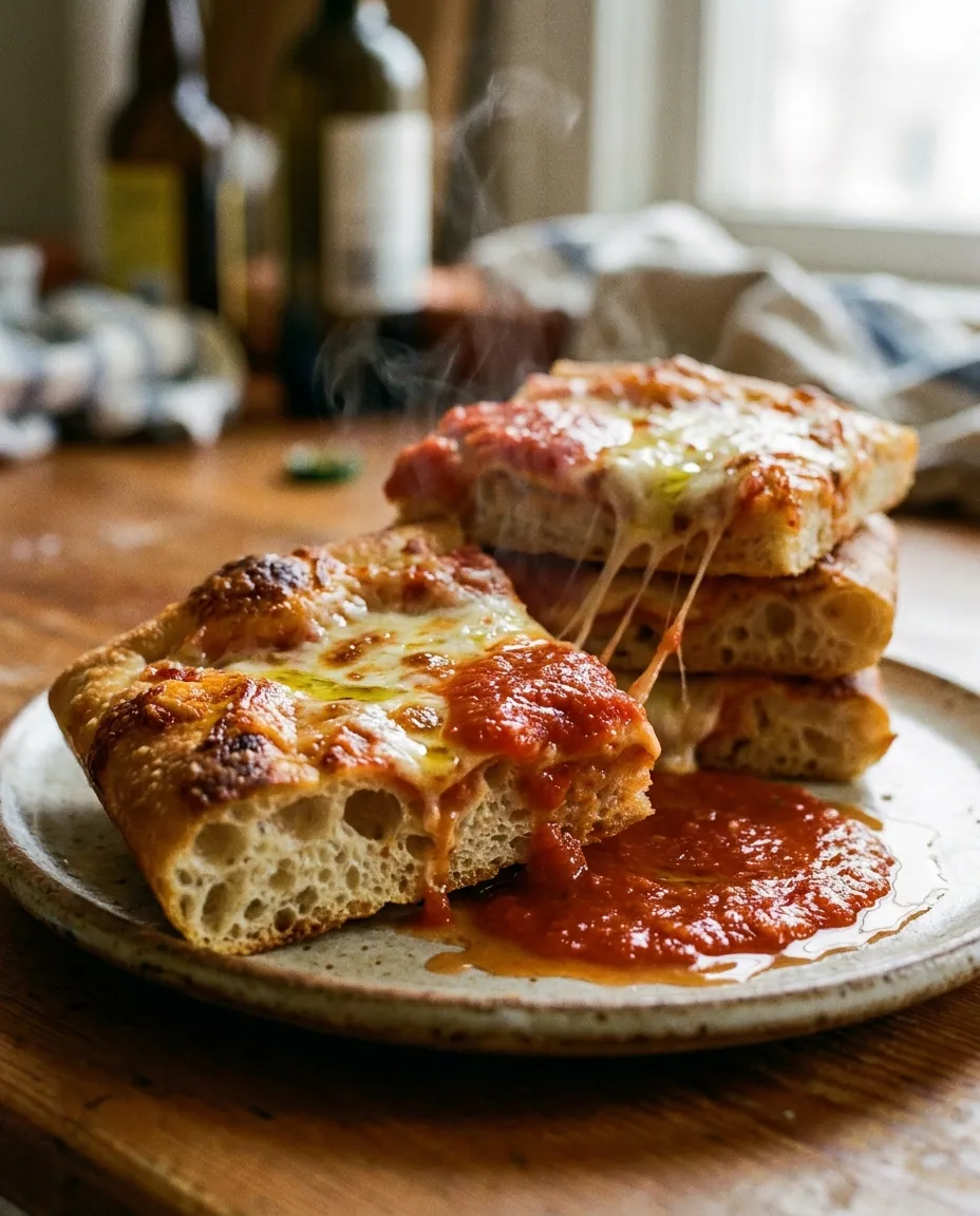 Sicilian pizza with golden crust at Stupid Delicious Pizza in Wingdale NY