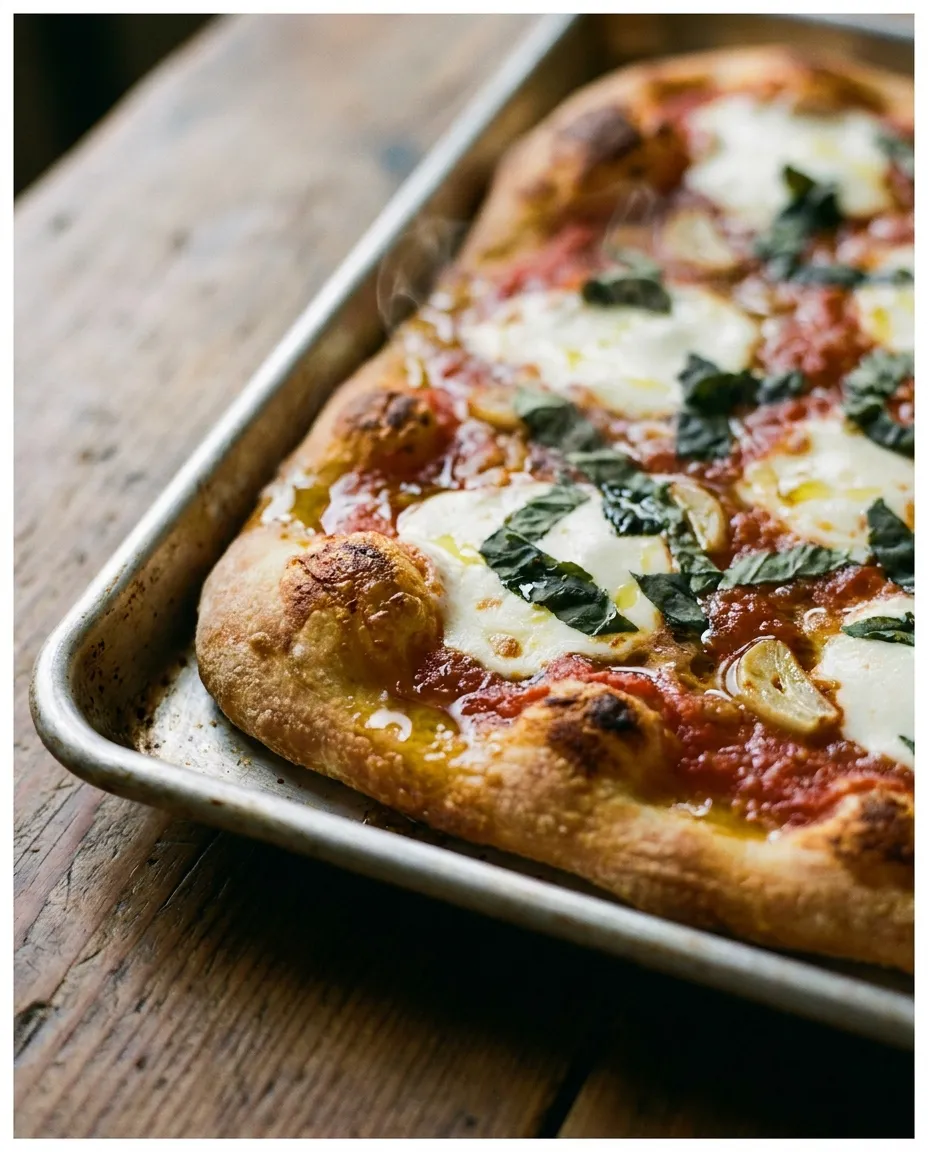 Grandma pizza with golden crust at Stupid Delicious Pizza in Wingdale NY