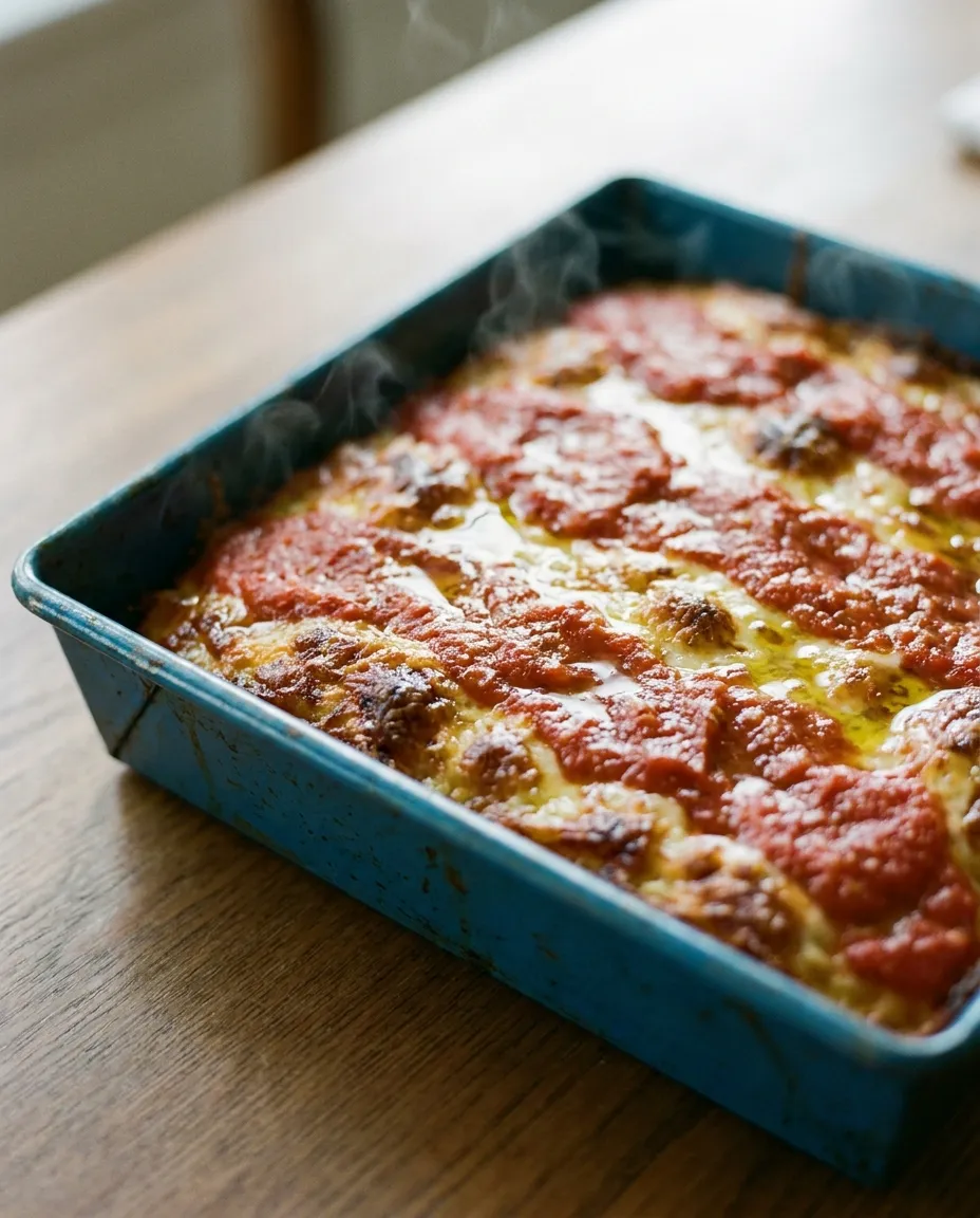 Detroit pizza with golden crust at Stupid Delicious Pizza in Wingdale NY