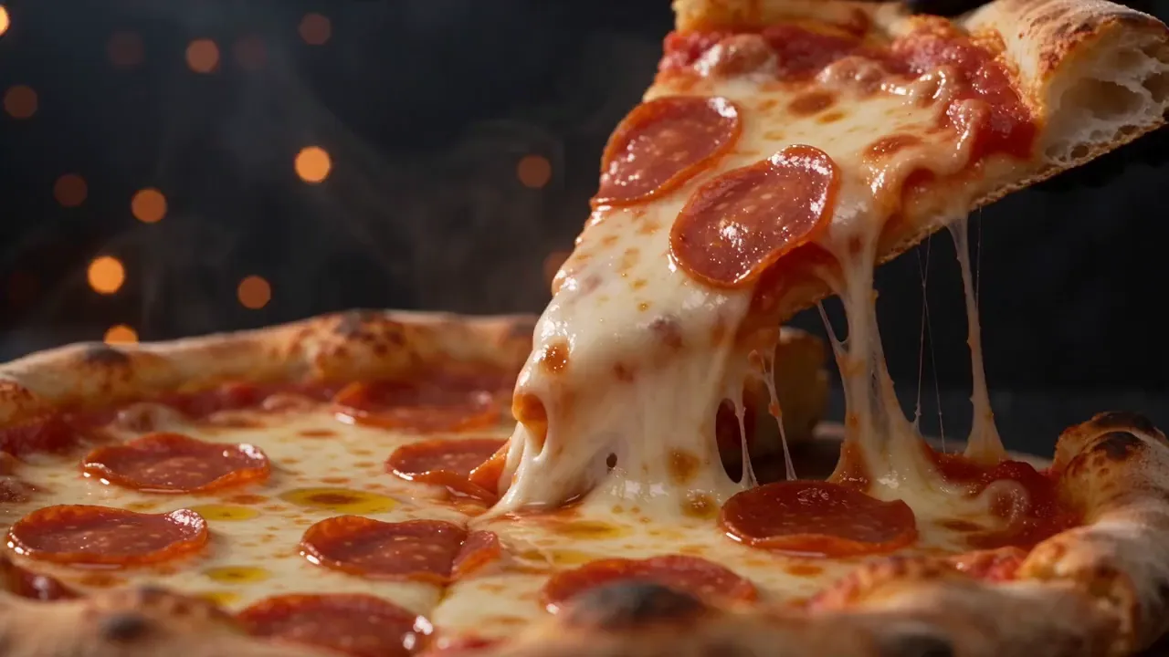 Fresh New York style cheese pizza with a long stretchy mozzarella pull