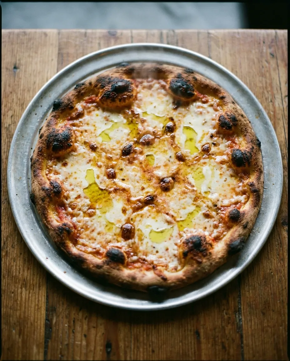 NY Style pizza with golden crust at Stupid Delicious Pizza in Wingdale NY